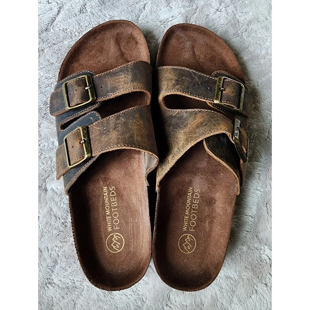 White Mountain Helga Brown Leather Sandals Mens 11 Hampton Slide Footbeds